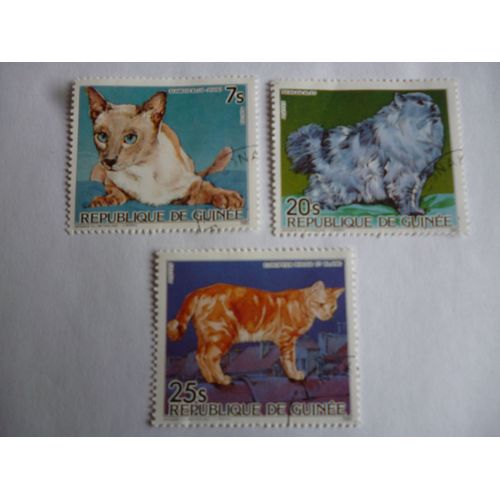 Timbres Guinée 1985lot De 3 Chats :Chat Siamois Blue Point,Chat Persan Bleu,Européen Rouge Et Blanc.