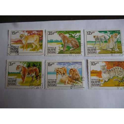 Timbres Guiné Bissau :Lot De 6 Timbres:Lynx,Panthère,Panthère Tigre,Lions,Guépard