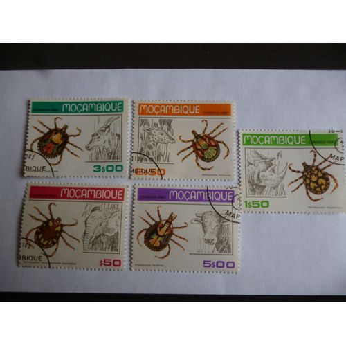 Timbres Mozambique :Lot De 5 Timbres:Parasites:Tiques Des Animaux D'afrique.