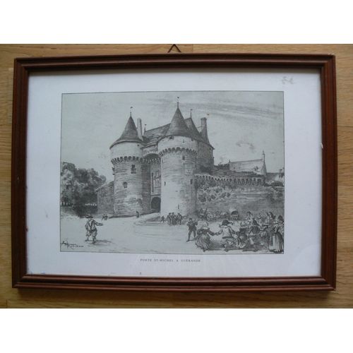 Guérande (Loire-Atlantique) Porte Saint-Michel. Gravure Xxe Siècle En Noir Et Blanc Sous Verre Et Cadre En Bois