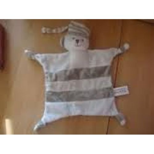 Doudou Plat Ours Bonnet Rayé Blanc Gris 