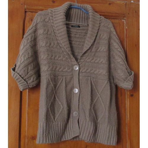 Gilet/Veste Beige Foncé - Matière 100% Acrylique Maille Épaisse - Grand Col Châle - Décor Chevrons - Manches Courtes À Revers - Bonmarché - Taille X L
