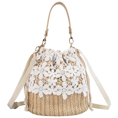 Sac De Paille Sac Bandoulière Sac En Osier Femmes Filles Cordon Dentelle Sac à Main Tissé Sac de Plage d'été en Rotin Boho Vacances Seau