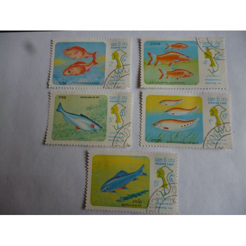 Lot De 5 Timbres Laos 1983 :Poissons Du Mékong.