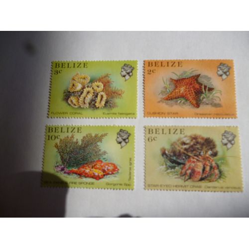 Lot De 4 Timbres Du Belize :Étoile De Mer Coraux,Gorgone Et Bernard L'ermite