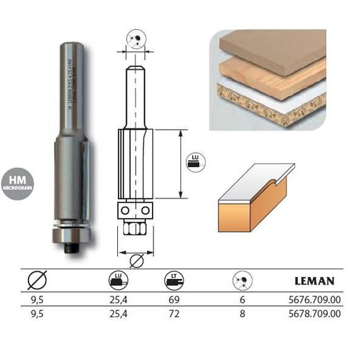 Leman - Mèche d'affleureuse droite diam. 9,5 long. 72 q.8 + guide - 5678.709.00