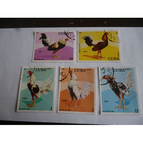 Lot De 5 Timbres Cuba 1981 :Coqs:Blanco, Pinto, Canelo, Cenizo, Giro.