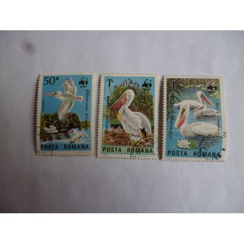 Lot De Trois Timbres Roumanie 1984 :Pélicans.