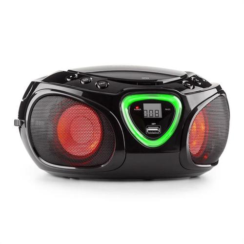 auna Roadie Boombox CD USB MP3 Radio AM/FM Bluetooth 2.1 Jeu de couleurs LED - noir