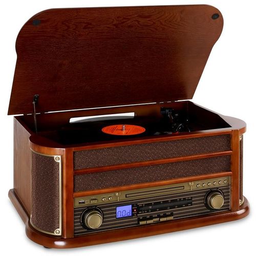 auna RM1-Belle Epoque 1908 - Chaine stéréo multifonction avec lecteur CD et K7, platine vinyle (USB, tuner AM/FM, numérisation MP3) - Bois et tissu look rétro