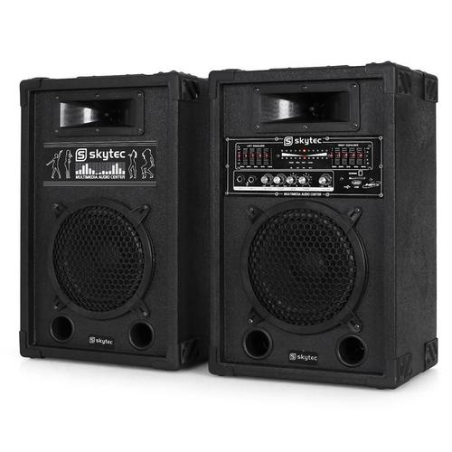 Skytec Pack sonorisation - Paire enceinte amplifiée et enceinte passive (600 W max, boomers 2 x 20 cm, connexion USB SD et MP3) - Noir