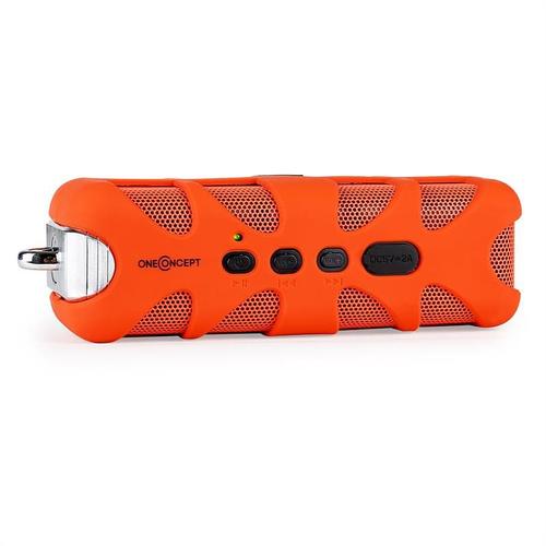 oneConcept Orange Know - Enceinte Bluetooth de poche étanche et antichoc avec port AUX (mousqueton, batterie) - orange