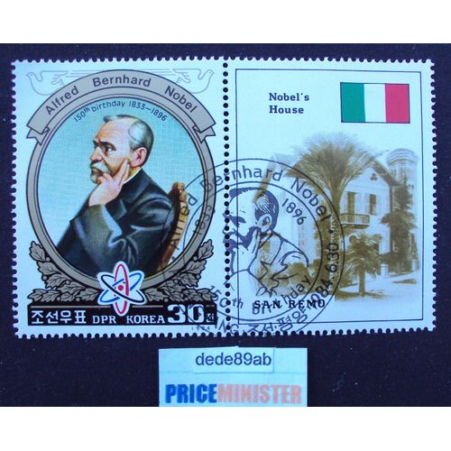Corée Du Nord..  2 Timbres Jumelés Alfred Bernhard Nobel & Sa Maison San Remo . Oblitéré Used Stamp .