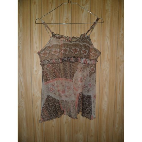 Top Fines Bretelles. Tissu Tulle. Motif Mosaïques Marron Fleurs.