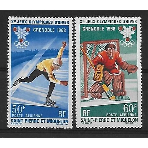 St-Pierre-Et-Miquelon Poste Aerienne 1968 : Jeux Olympiques D'hiver, À Grenoble : Patinage / Hockey - Série Entière De 2 Timbres À 110 F. Neufs ** Cote 25,30 