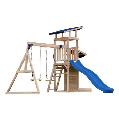 Axi Malik Aire De Jeux En Bois Avec 2 Balançoires, Toboggan Bleu / Aire De Jeux Extérieur Avec Bac À Sable Et Mûr De Jeux/Toboggan Avec Raccordement À Eau | Portique Balançoire/Jeux En Bois Extérieur