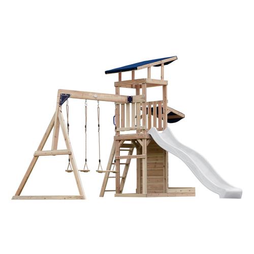 Axi Malik Aire De Jeux En Bois Avec 2 Balançoires, Toboggan Blanc/ Aire De Jeux Extérieur Avec Bac À Sable Et Mûr De Jeux/Toboggan Avec Raccordement À Eau | Portique Balançoire/Jeux En Bois Extérieur