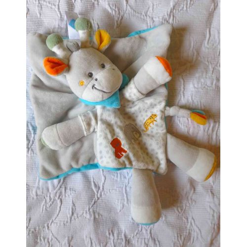 Peluche Doudou Plat Carré Girafe Vache Tex Gris Blanc Et Bleu Éléphant Lion Tigre Brodés