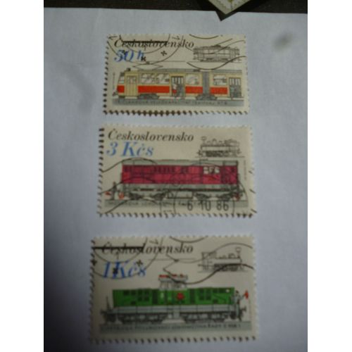 Lot De 3 Timbres Tchécoslovaquie 1985:Tramway,Locomotive Et Locomotive Électrique.