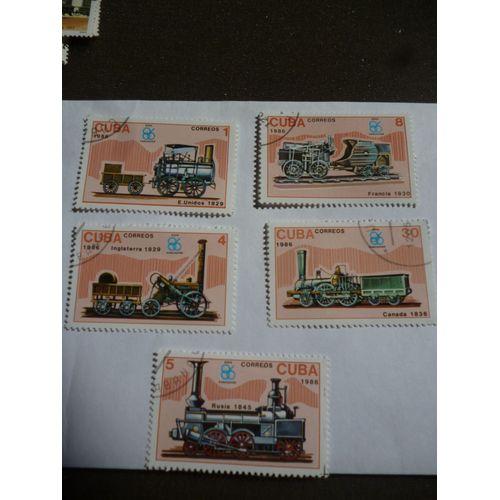 Lot De 5 Timbres Cuba 1986 :Locomotives:Russie1845,Canada 1836;Etats-Unis 1829;Angleterre 1829;France 1830.