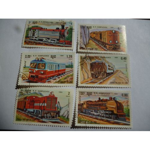 Lot De 6 Timbres Cambodge 1984 :Locomotive:France 1957;Allemagne 1968;France 1966;France 1945:Belgique 1920;France 1966.