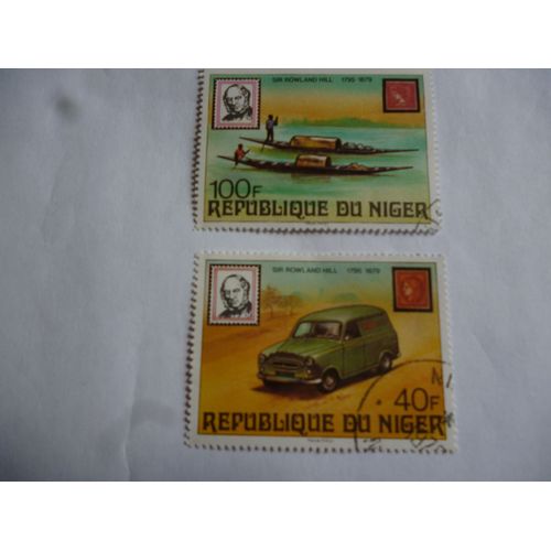 Lot De 2 Timbres Niger 1979:Voiture Postale;Pirogues:Sir Rowland Hill.