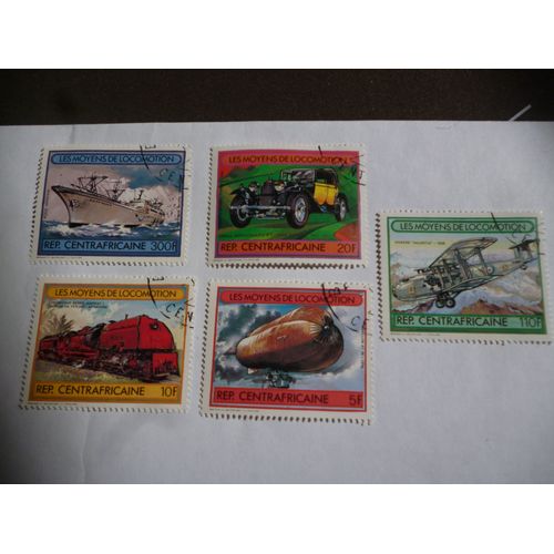 Lot De 5 Timbres Centrafrique:Moyens De Locomotion:100ème Anniversaire D'ettore Bugatti;Avion Vickers;Bateau;Locomotive Et Ballon.