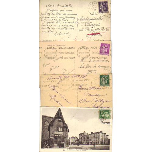 Lot De Quatre Cartes Postales Anciennes (Roanne, Pays Basque / Métier, Monaco, Allevard Les Bains) Avec Timbres De Type Paix