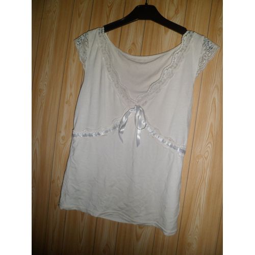 Top Manches Courtes Blanc Cassé, Taille 38. Noeud Satin Devant