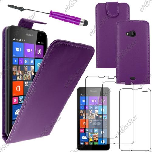 Ebeststar ® Pour Microsoft Nokia Lumia 535 - Housse Coque Etui Simili Cuir À Rabat Vertical + Mini Stylet + 3 Film Écran, Couleur Violet [Dimensions Precises De Votre Appareil : 140.2 X 72.4 X 8.8 Mm, Écran 5'']