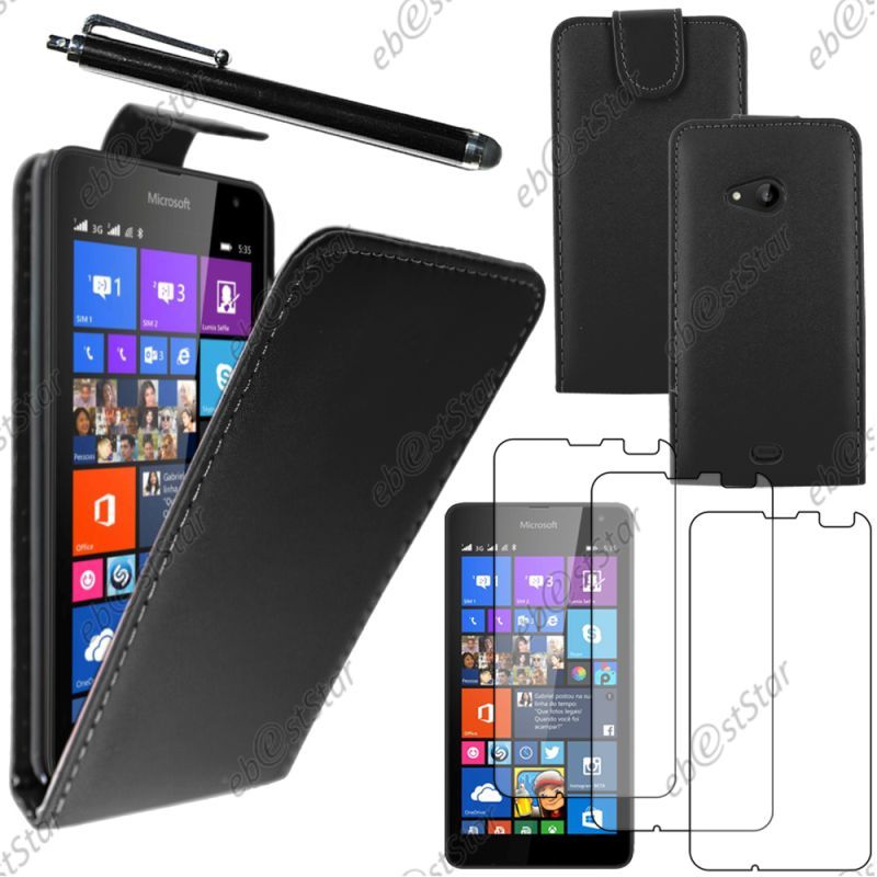 Ebeststar ® Pour Microsoft Nokia Lumia 535 - Housse Coque Etui Simili Cuir À Rabat Vertical + Stylet + 3 Film Écran, Couleur Noir [Dimensions Precises De Votre Appareil : 140.2 X 72.4 X 8.8 Mm, Écran 5'']