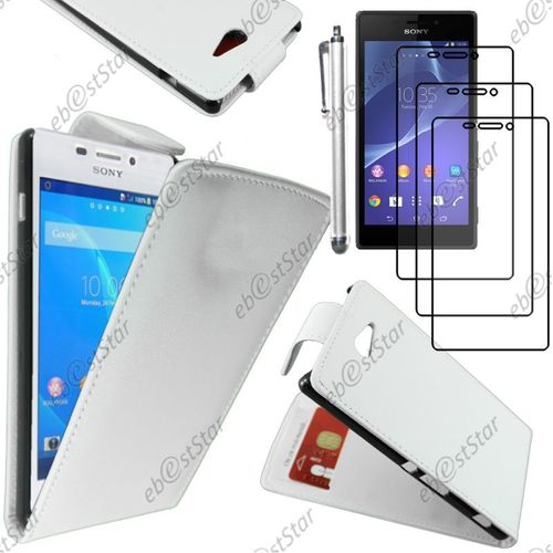 Ebeststar ® Pour Sony Xperia M2 D2302 D2303 - Housse Coque Etui Simili Cuir À Rabat Vertical + Stylet + 3 Film Écran, Couleur Blanc [Dimensions Precises De Votre Appareil : 139.7 X 71.1 X 8.6 Mm, Écran 4.8'']