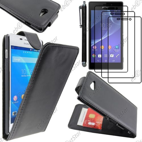 Ebeststar ® Pour Sony Xperia M2 D2302 D2303 - Housse Coque Etui Simili Cuir À Rabat Vertical + Stylet + 3 Film Écran, Couleur Noir [Dimensions Precises De Votre Appareil : 139.7 X 71.1 X 8.6 Mm, Écran 4.8'']