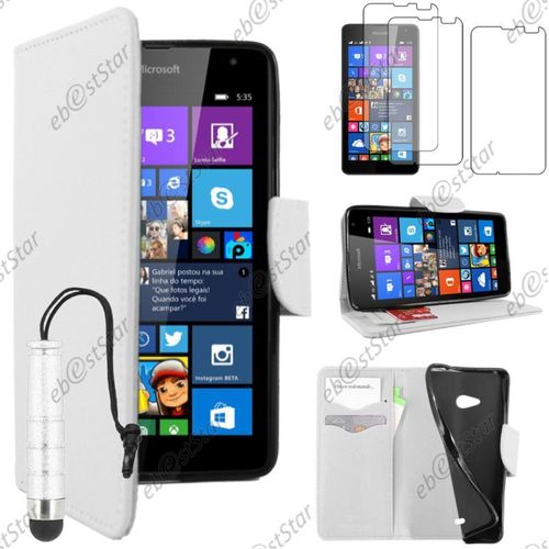 Ebeststar ® Pour Microsoft Nokia Lumia 535 - Housse Coque Etui Portefeuille Support Folio Simi Cuir + Mini Stylet + 3 Film Écran, Couleur Blanc [Dimensions Precises De Votre Appareil : 140.2 X 72.4 X 8.8 Mm, Écran 5'']