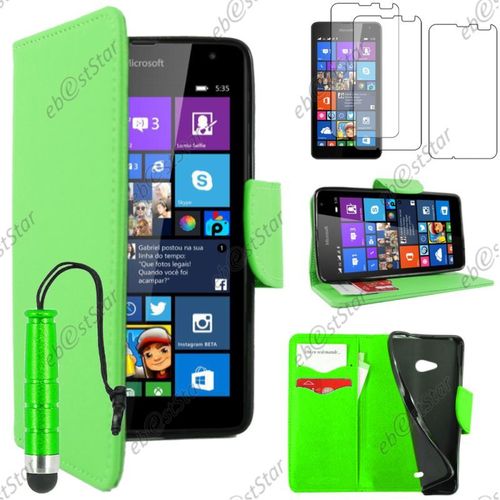 Ebeststar ® Pour Microsoft Nokia Lumia 535 - Housse Coque Etui Portefeuille Support Folio Simi Cuir + Mini Stylet + 3 Film Écran, Couleur Vert [Dimensions Precises De Votre Appareil : 140.2 X 72.4 X 8.8 Mm, Écran 5'']