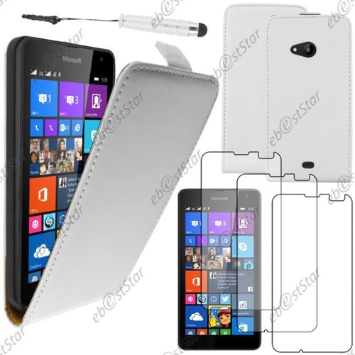 Ebeststar ® Pour Microsoft Nokia Lumia 535 - Housse Coque Etui En Pu Cuir À Rabat Ultra Fine (Slim Case) + Mini Stylet + 3 Film Écran, Couleur Blanc [Dimensions Precises De Votre Appareil : 140.2 X 72.4 X 8.8 Mm, Écran 5'']