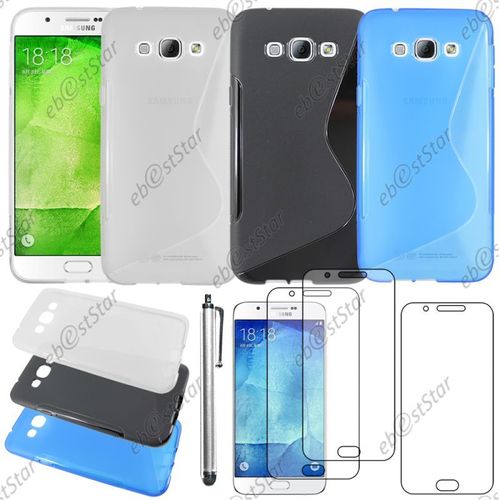 Ebeststar ® Pour Samsung Galaxy A8 Sm-A800f - Lot X3 Housse Etui Coque Silicone Gel Motif S-Line Protection Souple + Stylet + 3 Film Écran, Couleur Transparent, Noir, Bleu [Dimensions Precises De Votre Appareil : 158 X 76.8 X 5.9 Mm, Écran 5.7'']