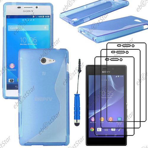 Ebeststar ® Pour Sony Xperia M2 D2302 D2303 - Housse Etui Coque Silicone Gel Motif S-Line Protection Souple + Mini Stylet + 3 Film Écran, Couleur Bleu [Dimensions Precises De Votre Appareil : 139.7 X 71.1 X 8.6 Mm, Écran 4.8'']