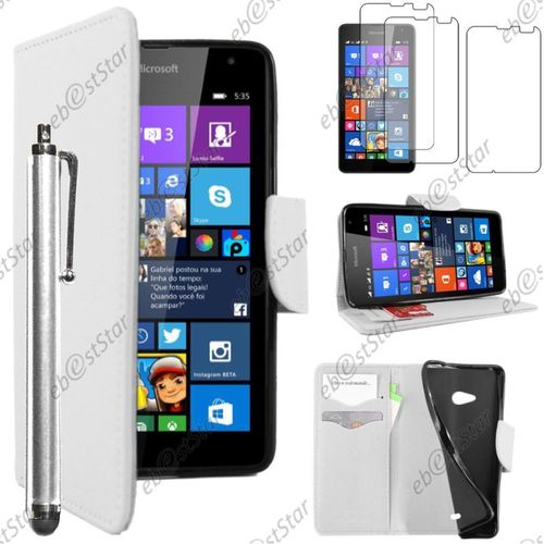 Ebeststar ® Pour Microsoft Nokia Lumia 535 - Housse Coque Etui Portefeuille Support Folio Simi Cuir + Stylet + 3 Film Écran, Couleur Blanc [Dimensions Precises De Votre Appareil : 140.2 X 72.4 X 8.8 Mm, Écran 5'']