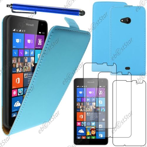 Ebeststar ® Pour Microsoft Nokia Lumia 535 - Housse Coque Etui En Pu Cuir À Rabat Ultra Fine (Slim Case) + Stylet + 3 Film Écran, Couleur Bleu [Dimensions Precises De Votre Appareil : 140.2 X 72.4 X 8.8 Mm, Écran 5'']