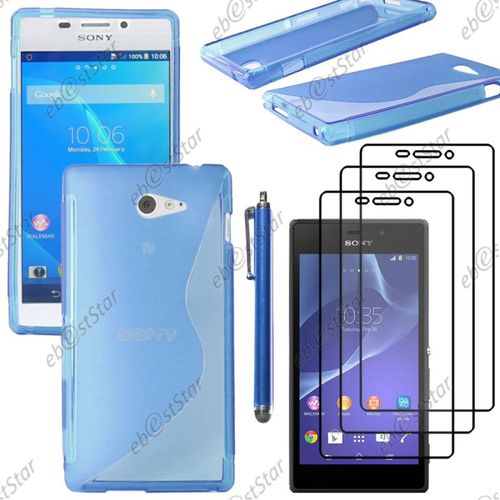 Ebeststar ® Pour Sony Xperia M2 D2302 D2303 - Housse Etui Coque Silicone Gel Motif S-Line Protection Souple + Stylet + 3 Film Écran, Couleur Bleu [Dimensions Precises De Votre Appareil : 139.7 X 71.1 X 8.6 Mm, Écran 4.8'']