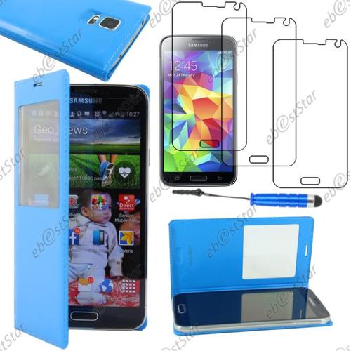 Ebeststar ® Pour Samsung Galaxy S5 G900f, S5 New G903f Neo - Housse Coque Etui Style View Portefeuille + Mini Stylet + 3 Film Écran, Couleur Bleu [Dimensions Precises De Votre Appareil : 142 X 72.5 X 8.1 Mm, Écran 5.1'']