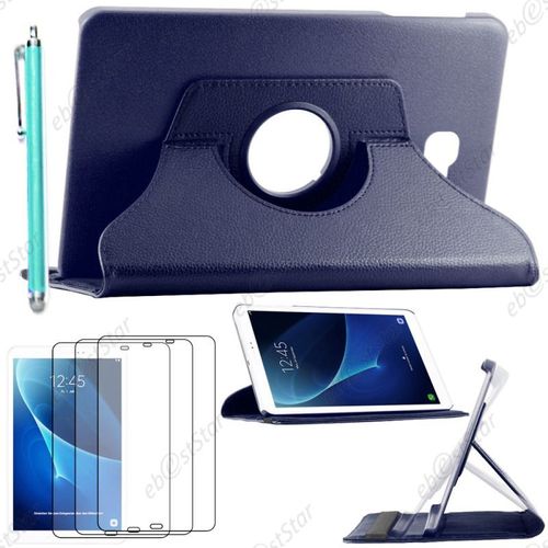 Ebeststar ® Pour Samsung Galaxy Tab A 2016 10.1 T580 T585 (A6) - Housse Coque Etui Pu Cuir Rotatif Avec Support À Rotation 360° + Stylet + 3 Film Écran, Couleur Bleu Foncé [Dimensions Precises De Votre Appareil : 254.2 X 155.3 X 8.2 Mm, Écran 10.1'']