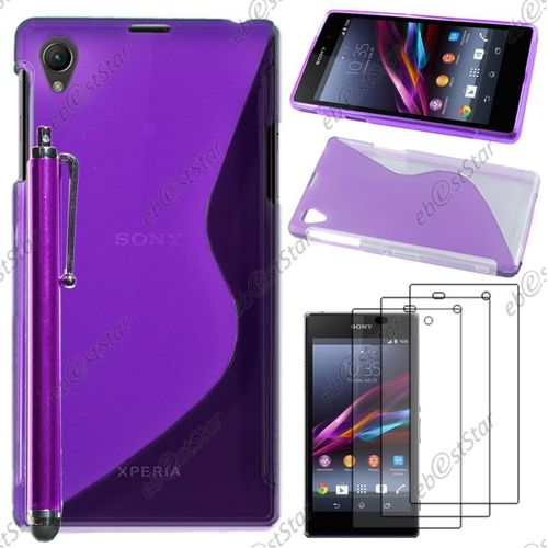 Ebeststar ® Pour Sony Xperia Z1 L39h, Sony C6906 - Housse Etui Coque Silicone Gel Motif S-Line Protection Souple + Stylet + 3 Film Écran, Couleur Violet [Dimensions Precises De Votre Appareil : 144 X 74 X 8.5 Mm, Écran 5'']