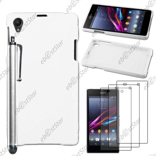 Ebeststar ® Pour Sony Xperia Z1 L39h, Sony C6906 - Housse Etui Coque Silicone Gel Motif S-Line Protection Souple + Stylet + 3 Film Écran, Couleur Blanc [Dimensions Precises De Votre Appareil : 144 X 74 X 8.5 Mm, Écran 5'']