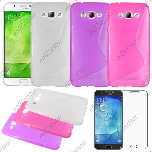 Ebeststar ® Pour Samsung Galaxy A8 Sm-A800f - Lot X3 Housse Etui Coque Silicone Gel Motif S-Line Protection Souple + Verre, Couleur Transparent, Violet, Rose [Dimensions Precises De Votre Appareil : 158 X 76.8 X 5.9 Mm, Écran 5.7'']