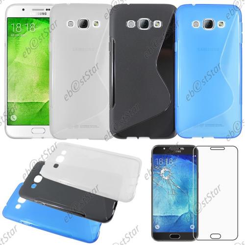 Ebeststar ® Pour Samsung Galaxy A8 Sm-A800f - Lot X3 Housse Etui Coque Silicone Gel Motif S-Line Protection Souple + Verre, Couleur Transparent, Noir, Bleu [Dimensions Precises De Votre Appareil : 158 X 76.8 X 5.9 Mm, Écran 5.7'']