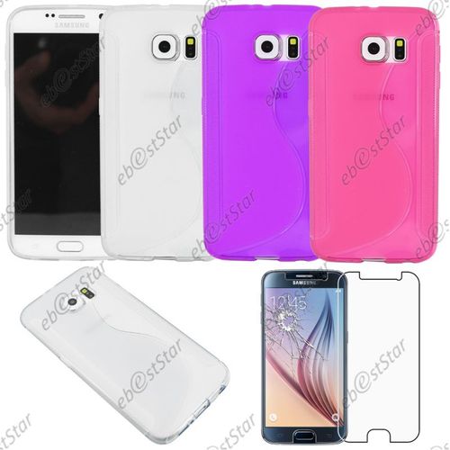 Ebeststar ® Pour Samsung Galaxy S6 Sm-G920f, G920 - Lot X3 Housse Etui Coque Silicone Gel Motif S-Line Protection Souple + Verre, Couleur Transparent, Violet, Rose [Dimensions Precises De Votre Appareil : 143.4 X 70.5 X 6.8 Mm, Écran 5.1'']