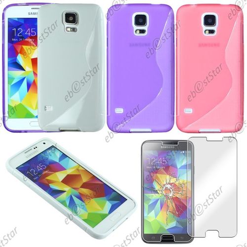 Ebeststar ® Pour Samsung Galaxy S5 G900f, S5 New G903f Neo - Lot X3 Housse Etui Coque Silicone Gel Motif S-Line Protection Souple + Verre, Couleur Violet, Noir, Rose [Dimensions Precises De Votre Appareil : 142 X 72.5 X 8.1 Mm, Écran 5.1'']