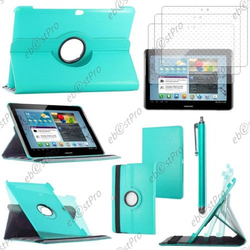 Ebeststar ® Pour Samsung Galaxy Tab 2 10.1, Gt-P5110 P5100 - Housse Coque Etui Pu Cuir Rotatif Avec Support À Rotation 360° + Stylet + 3 Film Écran, Couleur Bleu [Dimensions Precises De Votre Appareil : 256.6 X 175.3 X 9.7 Mm, Écran 10.1'']